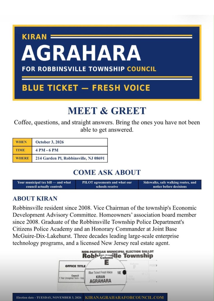 Meet and greet flyer. Saturday, October 3, 2026, 4:00 to 6:00 p.m. at 214 Garden Place, Robbinsville, NJ 08691.