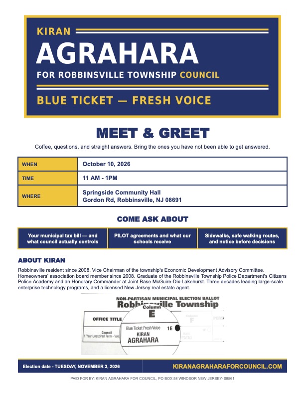 Meet and greet flyer. Saturday, October 10, 2026, 11:00 a.m. to 1:00 p.m. at Springside Community Hall, Gordon Road, Robbinsville, NJ 08691.