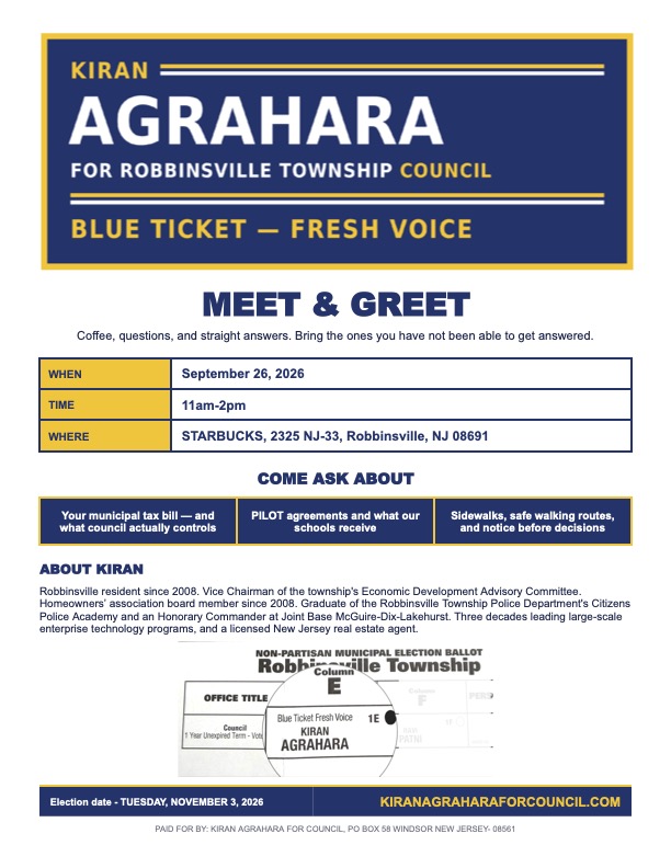 Meet and greet flyer. Saturday, September 26, 2026, 11:00 a.m. onwards at Starbucks, 2325 NJ-33, Robbinsville, NJ 08691.